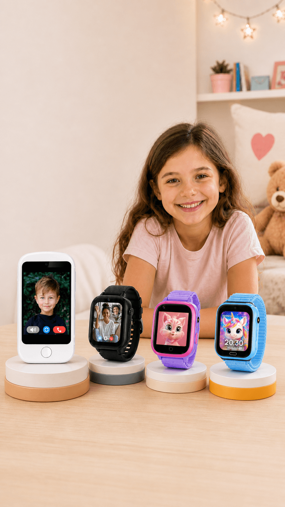 ילדה עם משפחת MeWatch — FirstPhone לבן, K12 Light, K12 Ultra ו-L12 Prime על pedestals בחדר ילדים חמים