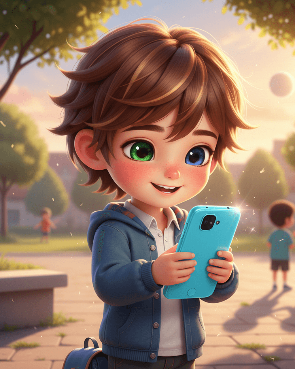 ילד בחצר בית הספר אחרי הצהריים, מחזיק MeWatch FirstPhone לאוזן בשתי ידיים, מחייך